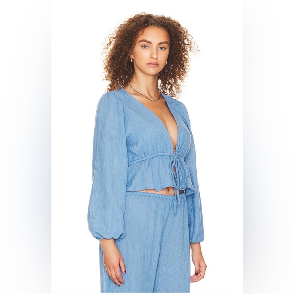Faithfull The Brand Jacques Top in Chambray Blue Size Small Linen Ruffle Tie - Picture 3 of 8